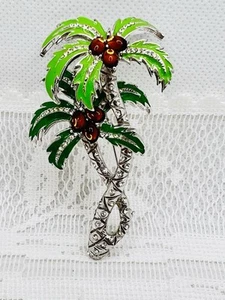 VINTAGE LORAN STERLING SILVER 925 ENAMEL AND CRYSTAL LARGE PALM TREE BROOCH 3" - Picture 1 of 9