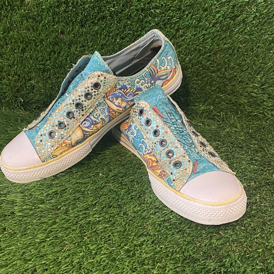 Vtg Ed Hardy Shoes Mermaid Glitter Lowrise Sneaker in Light Blue Sz 10 - Image 1 of 4