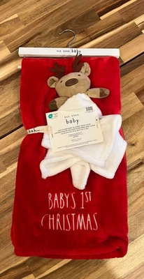 Rae Dunn Baby's 1st First Christmas Blanket Reindeer Lovie 30x40 Soft Plush Red - Image 1 of 4