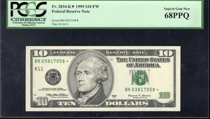 1999 $10 DALLAS STAR FEDERAL RESERVE NOTE PCGS 68 PPQ Fr 2034-k* 17058* - Picture 1 of 2