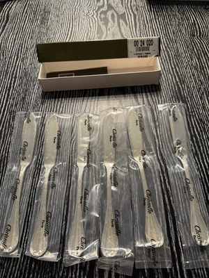 Cuchillos de pescado chapados en plata Christofle Paris Rubans (juego de 6) nuevos en caja original Foto 1 de 4