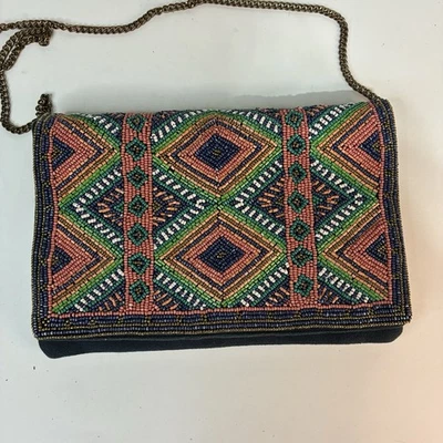 La Sera by Franchi Seed Beaded Envelope Clutch Boho  Navy Coral Crossbody Purse - Image 1 of 4