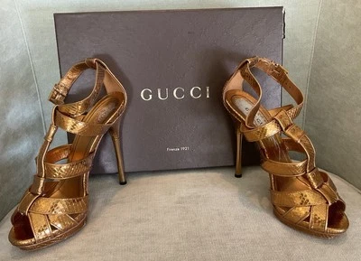 Ladies GUCCI Shiny Gold, High Heel, Strappy Sandals; SZ 38.5  (8.5); $679 - Image 1 of 4