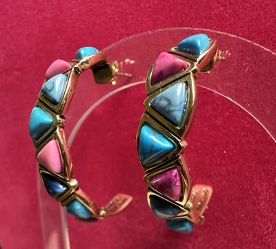 Barse Gold Tone Hoops w/ Pink and Blue Stones 1.25" - Image 1 of 4