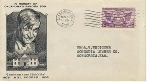 HHStamps: U.S. 1935 Cover-  Cachet of Will Rogers -Claremore, OK Postmark - Picture 1 of 2