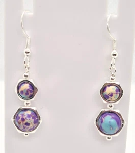 BLUE & PURPLE HEXAGONAL JASPER 925 SILVER EARRINGS 4.5CM DROP E353 - Picture 1 of 4