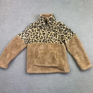Womens Tan & Leopard Print Pullover with Front Pocket Sz Small !/4 Zip - Picture 1 of 10