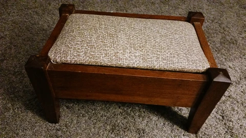 VINTAGE wood FOOTSTOOL / OTTOMAN w original vinyl TOP Cover
