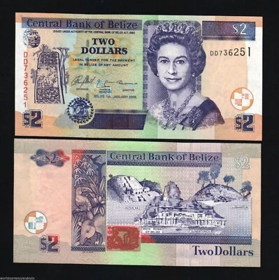 BELIZE 2 DOLLARS P-66 2005 X 1 Pcs QUEEN QEII RUIN UNC CARIBBEAN MONEY BANK NOTE - Image 1 of 4