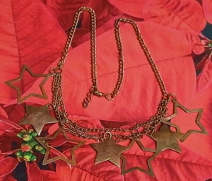 Vintage Copper Three Strand Necklace with Solid and Open Star Dangling Charms - Picture 1 of 7
