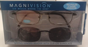 Foster Grant/Magnivision Reading Glasses +2.00 NEW w/CLIP -ON SUNGLASSES & CASE - Picture 1 of 6