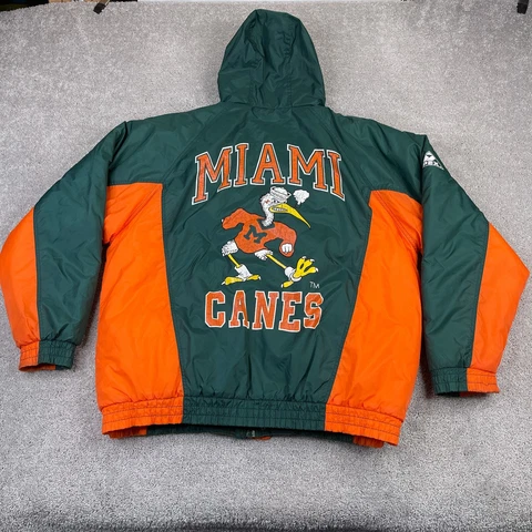 VINTAGE Miami Hurricanes Jacket Mens Large Green Apex Quilted Full Zip Hooded Cover