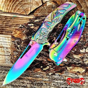 8” Rainbow Dragon Knife Tactical Spring Assisted Open Blade Folding Pocket Knife - Picture 1 of 4