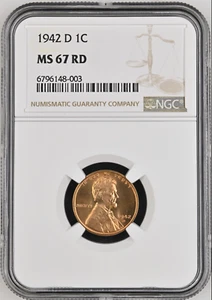 :1942-D 1C LINCOLN CENT SUPERB NGC MS-67 RED LOW POP RARITY R3 HIGHEST GRADES - Picture 1 of 2