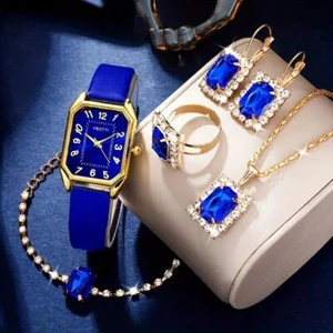 6PC Women Watch Retro Rectangle Pointer Quartz Watch PU Leather Jewelry Set - Picture 1 of 6