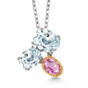925 Silver and 10K Yellow Gold Aquamarine and Pink Sapphire Pendant Necklace - Picture 1 of 4