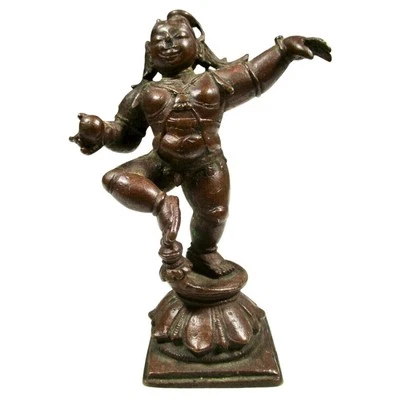 SM RARE CHOLA PERIOD SOUTH INDIA KRISHNA DANCING BRONZE STATUE ORIGINAL 3 1/8" - Image 1 of 4