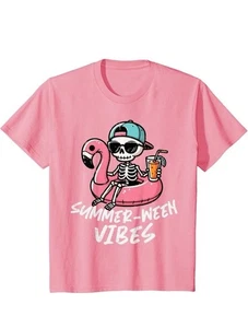 Halloween Summer Ween Skeleton Float Boys Girls Kids T-Shirt L Pink - Picture 1 of 1