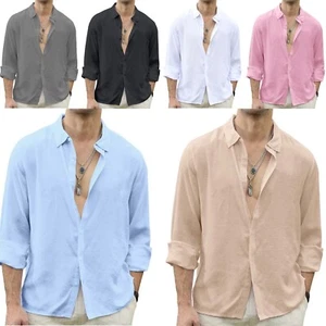 Shirt Button-Down Cotton Linen Men's Long Sleeve Casual Hawaiian Beach Plain NEW - Picture 1 of 21