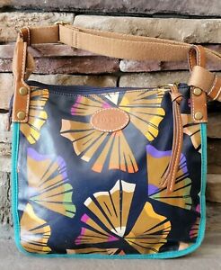 Fossil Navy Floral Coated Canvas Crossbody Bag Purse Strap Pockets Ginkgo GUC 