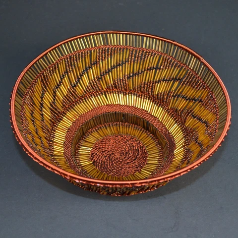 Gold African Zulu Glass Bead & Copper Wire Decorative Basket Fair Trade Handmade Cover
