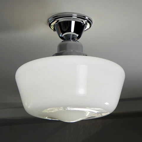 Semi-Flush Schoolhouse Ceiling Light Salvaged Opal Shade New Chrome Fixture Cover