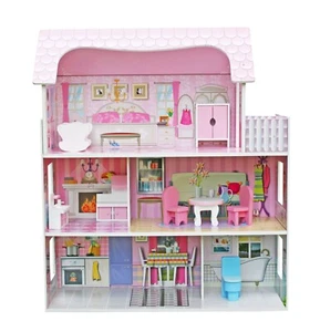 Puppenhaus aus Holz mit Möbeln & Zubehör für Kinder 3+ Puppenzimmer 3 Etagen - Bild 1 von 13