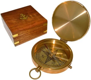 Large 4" Brass Compass & Rosewood Storage Box, Fully Functional, Nautical Pirate - Picture 1 of 8