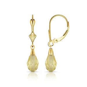 14K Solid Yellow Gold Tear Drop Shaped Canary Dangle Drop Lever Back Earrings - Picture 1 of 1
