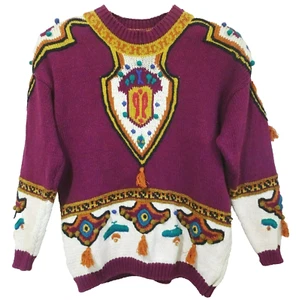 M/L Vtg 90s Fashion Tassel Embroidered Chunky Knit Oversized Boho Chic Sweater - Picture 1 of 7