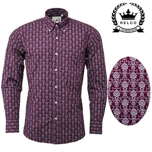 Camisa de vino Relco para hombre Borgoña floral manga larga cuello abotonado - Imagen 1 de 2