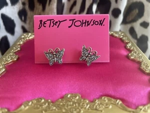 Betsey Johnson Bonjour Light Blue Crystal Silver Butterfly Stud Earrings RARE - Picture 1 of 2