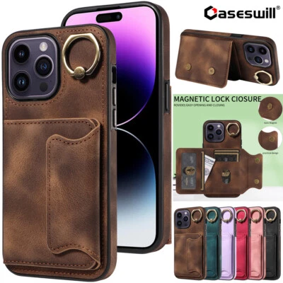 For iPhone 16 15 14 Plus 13 12 11 Pro Max Wallet Leather Ring Holder Case Cover - Image 1 of 4