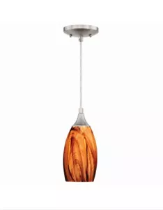 VAXCEL Milano 1-Light Satin Nickel Mini Pendant Ceiling Light Amber Fire Glass - Picture 1 of 9