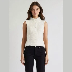 Talbots White Cable Knit Mock Neck Button Down Sweater Vest Pockets Small NWOT - Picture 1 of 6