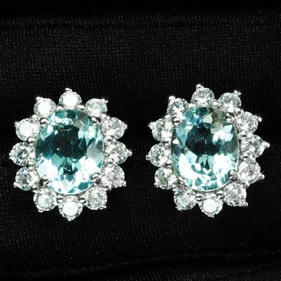 925 Sterling Silver White Gold Halo Earrings Velvety Sea Blue Aquamarine 4.90Ct - Image 1 of 4