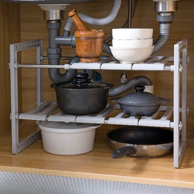 2 Tier Extendable Sink Shelf Adjustable Under Sink Rack Storage Organiser Bath - Image 1 of 4