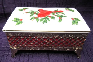 Caja de baratijas vintage Lefton Red CARDINAL #2829 porcelana navideña y tapa de metal - Imagen 1 de 19