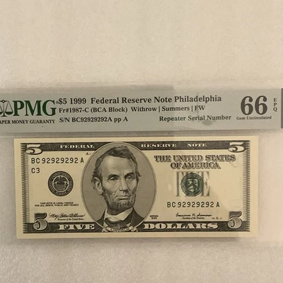 FR#1987-C $5.00 FRN Super Repeater SER# 92929292 PMG 66 EPQ - Image 1 of 3