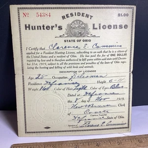 SELTEN 1919 OHIO JÄGERLIZENZ STOFFRÜCKEN PAPIER SIEGEL GESTEMPELT - Bild 1 von 8