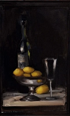 Original Ölgemälde  Stillleben Wein Zitrone  Impressionismus Vintage Holzrahmen  - Bild 1 von 4