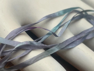 silk embroidery  ribbon trim flower 1/8" 4mm aqua violet blue 48"pc Japan - Image 1 of 3