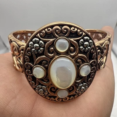 Vintage BARSE (C)  Agate Stone Floral Sterling Silver & Brass Cuff Bracelet  - Image 1 of 4