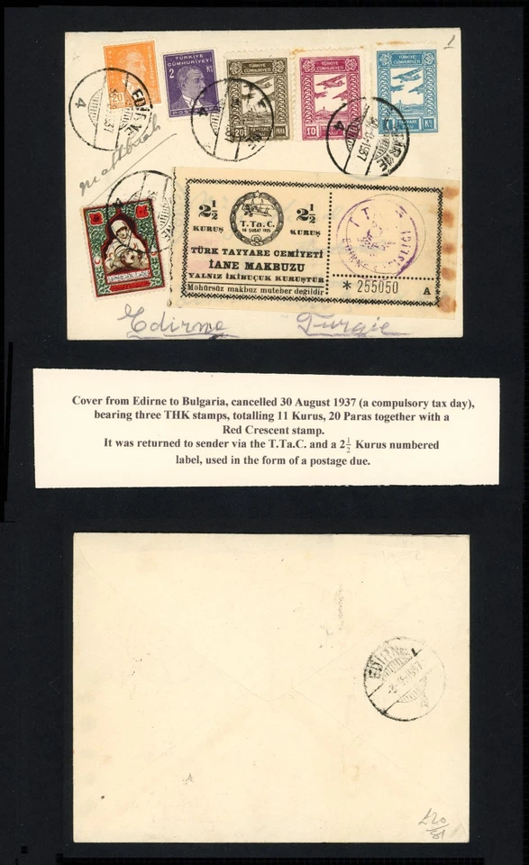 1937 Turkey Cover To Bulgaria Airmail Fund 11k30p Stamps, Correct Day, Fine - Image 1 of 3