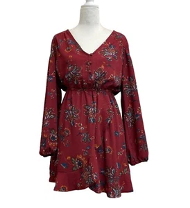 Miss Me Red & Metallic Floral Blouson Long Sleeve Mini Dress sz M Y2K Boho Style - Picture 1 of 13