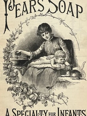 Arte victoriano de peras con anuncio impreso vintage de 1886 madre bebé Foto 1 de 3