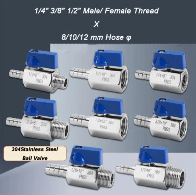 304 Stainless Steel 1/4" 3/8" 1/2" BSP 8~12mm Hose Barb Mini Sanitary Ball Valve - Image 1 of 4