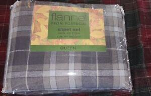 Cotton Flannel From Portugal Queen Size 4 Piece Sheet Set Grey Plaid