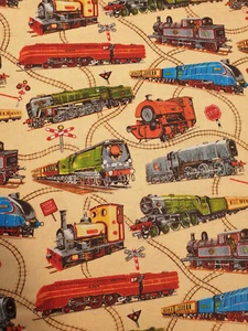 Trains fabric UK 100% cotton material metres Railways Rails Vehicles Locomotives - Picture 1 of 2