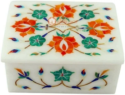 White Marble Jewelry Box Malachite Inlay Floral Arts Thanks Giving Gift E2007 - Image 1 of 4